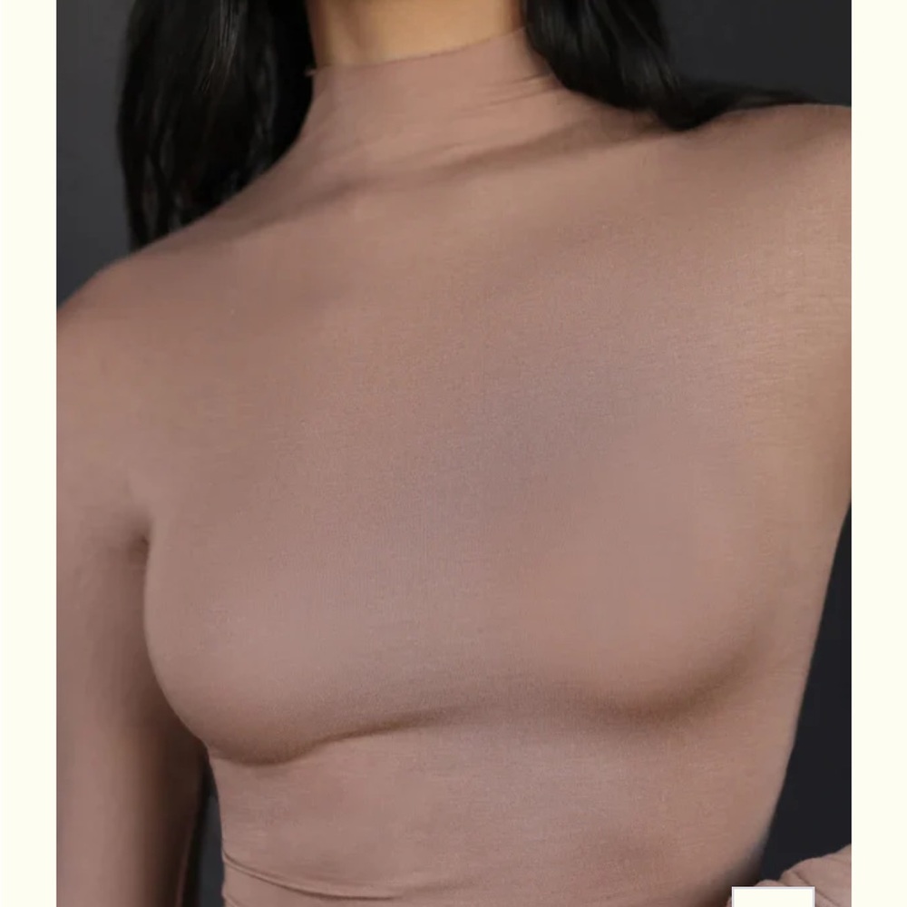 Joah brown Long Sleeve Mock Neck Crop Top - Tan - Picture 2 of 3